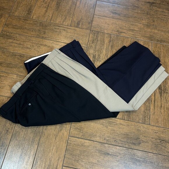 Set of 3 Hand Tailored 100% Wool Pleated Front Pants Size 36 NEW Black Navy Tan - Picture 4 of 9